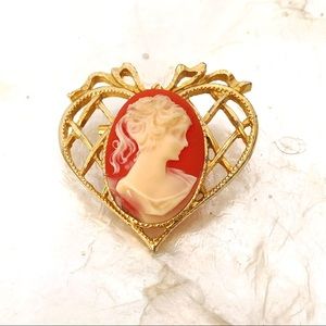 Gold Tone White Cameo Heart Shape Brooch Antique